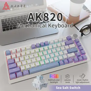 AJAZZ AK820 mechanical keyboard sea salt switch wired USB-C keyboard purple, white and blue three-color key cap RGB DIY lighting volume knob fast response comfortable feel game office multi-scene application