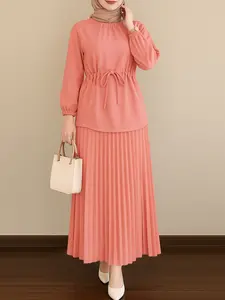 ZANZEA Women's Solid Color Top Set, Round Neck Long Sleeve Drawstring Waist Hoodie with Back Button Design, Elastic Waist Pleated Skirt