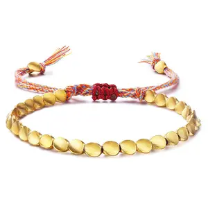 Tibetan Copper Bead Bracelets Handmade Braided Bracelets Adjustable Colorful Thread Beaded Bracelet (Trilateral Bead Style)