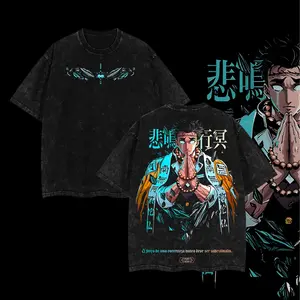 Men's T-Shirt, Oversized Vintage Washed Demon Slayer Hashira Graphic in Thick 220gsm Cotton, Casual Anime Streetwear with Crew Neck