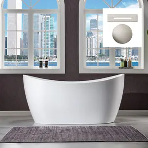 WOODBRIDGE 59" Acrylic Freestanding Bathtub Contemporary Soaking Tub with Brushed Nickel Overflow and Drain, White Tub, B0016