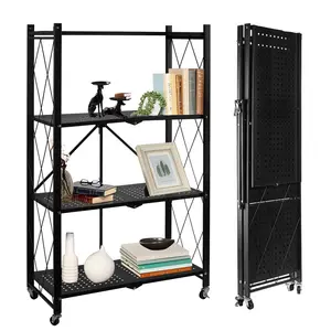 Rolling Utility Cart with 4 Adjustable Shelves - Foldable Metal Storage Rack on Wheels, Mobile Organizer for Kitchen, Pantry, Closet, Office, Books, Plants and Home Decor