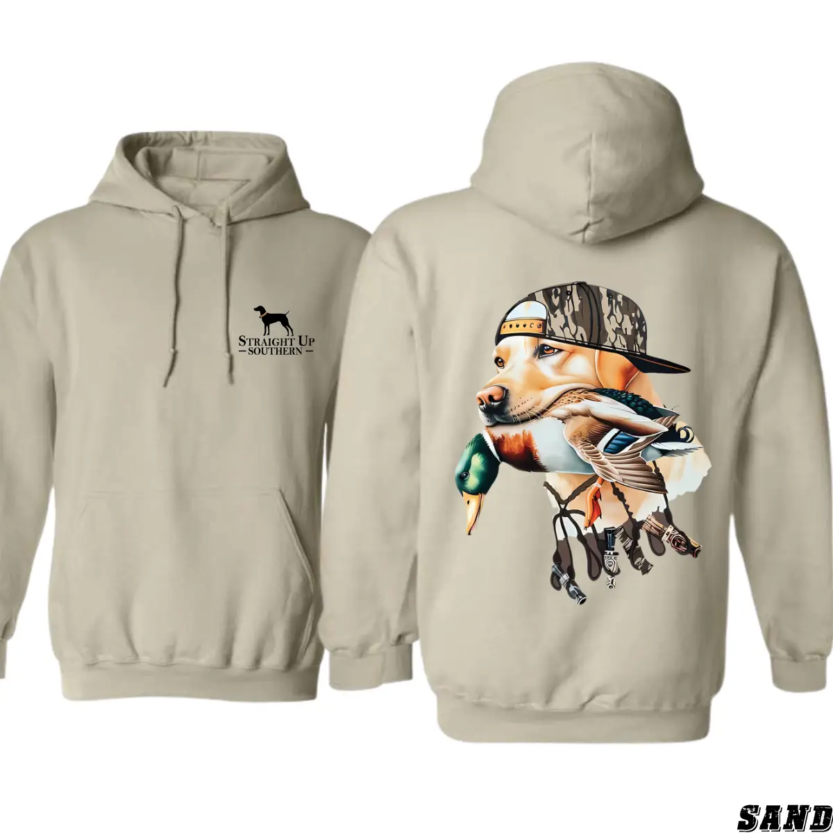 Straight Up Southern Hoodie - Bold Hunting Dog with Duck Graphic, Unisex Casual Sweatshirt for Outdoor Enthusiasts and Waterfowl Hunters