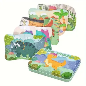 5 in 1 Dinosaur Animal Shape Puzzle Set, 5 Counts/set Jigsaw Puzzle with Iron Storage Box, Educational Development Toy for Boys & Girls