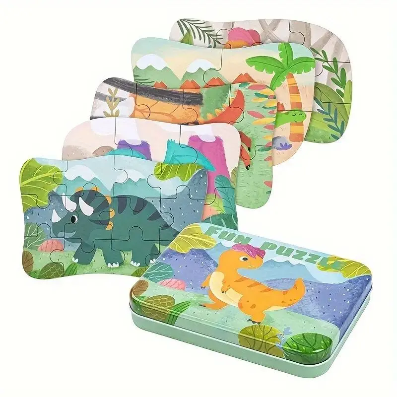5 in 1 Dinosaur Animal Shape Puzzle Set, 5 Counts/set Jigsaw Puzzle with Iron Storage Box, Educational Development Creative Puzzle Toy for Boys & Girls