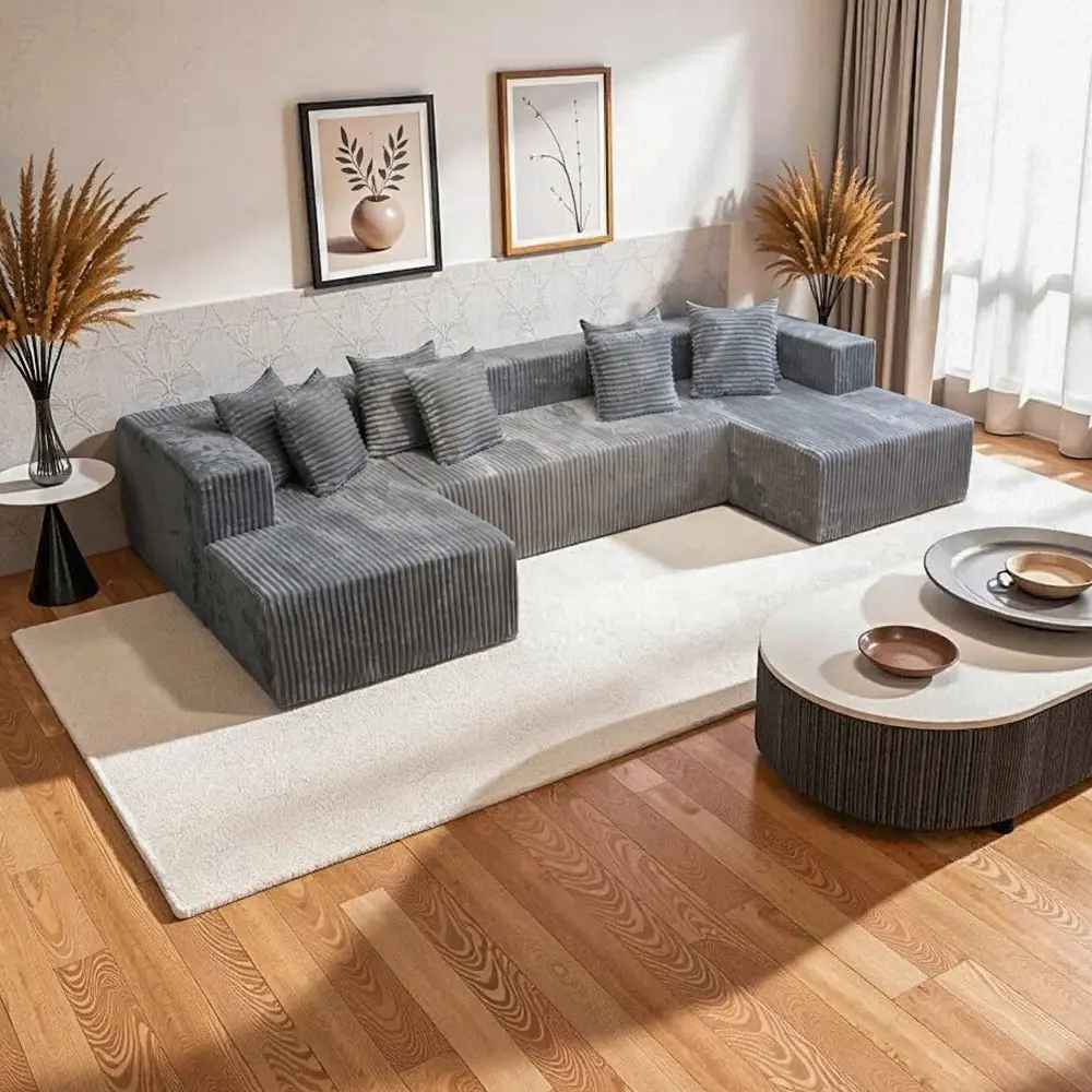 135'' U-Shaped Modular Convertible Sectional Sofa Bed - Fully Assembled Boneless Modern Sofa, Upholstered Deep-Seat Living Room Couch, High-Density High-Resilience Foam, 8 Fluffy Pillows Set