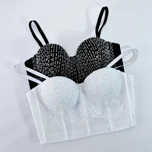 Tube Top Handmade Stitched Rhinestone Sequins Glisten Wedding Party Blind Date Stage Party Shaper High Quality Fishbone Tank Tops Bra Blusas Short Beading Corset Summer Outfits Woman Clothing Sling Ladies Crop Shirt Vest Sexy Inner Clothes