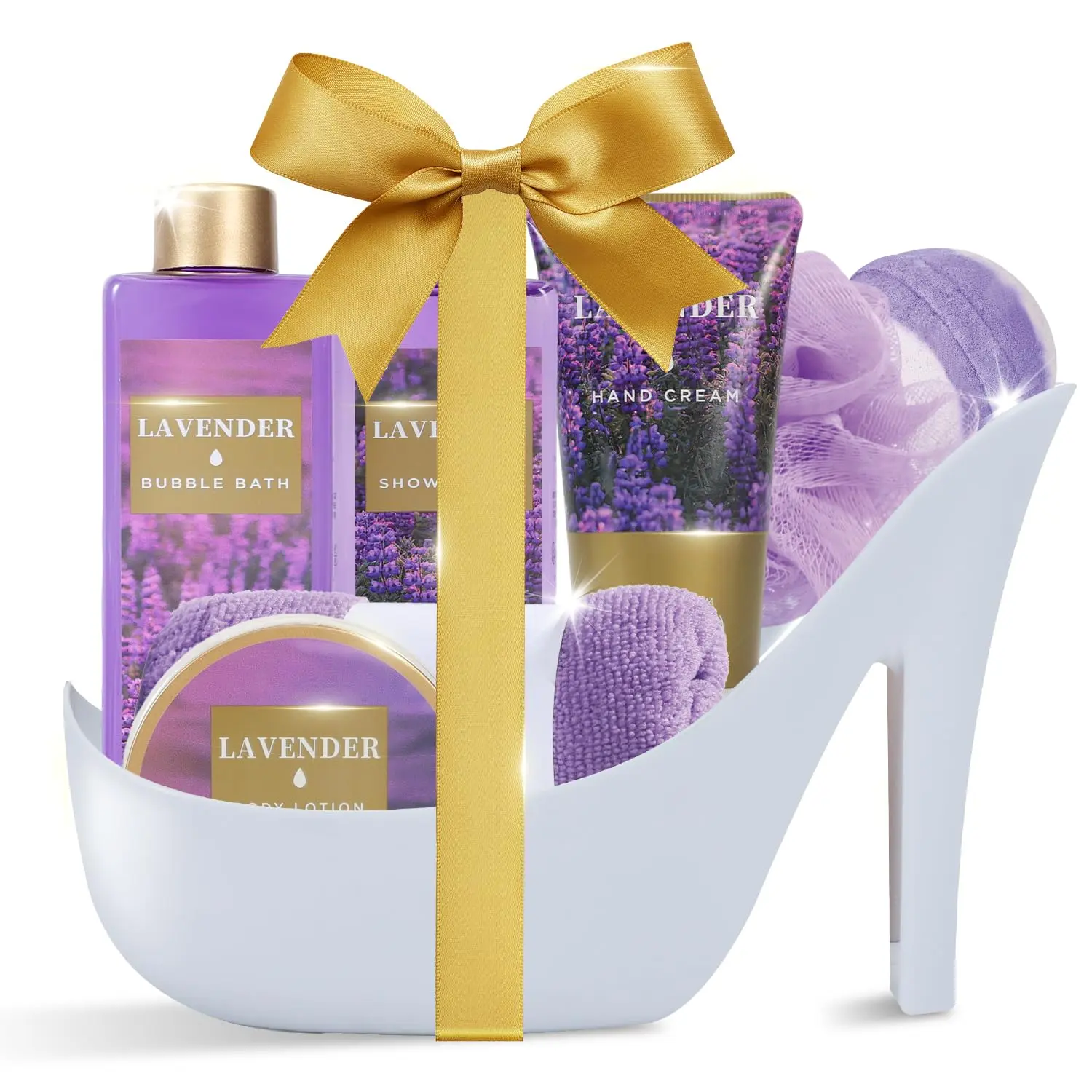 8Pcs Lavender Scented Spa Gift Set for Women, Luxury High Heel Shaped Self Care Bath & Body Care Kit, Relaxing Aromatic Spa Basket, Birthday Mother’s Day Holiday Gifts for Mom, Grandma, Teacher, Nurse & Friends