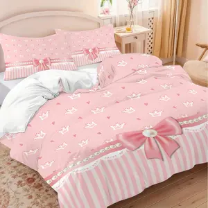 Cartoon Bow with Crown Pattern Duvet Set Set Of 3 Pieces, Including 1 Duvet Cover and 2 Pillowcases without Filling, Soft and Comfortable Bedding Set for Family Bedroom Decoration, Perfect for Children's Room and Gift Options, Quilt Bedding Set