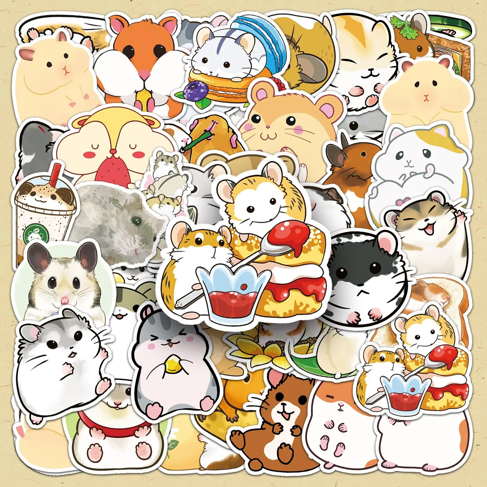 Cute Hamster Pattern Sticker, 50pcs/set Cartoon Hamster Decorative Sticker, DIY Decals for Water Bottle, Laptop, Phone Case, Scrapbooking, Journal Making