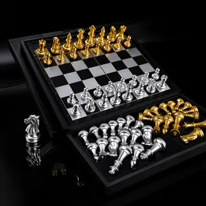 Magnetic Travel Chess Set [5.11"/7.87"/9.84"] - Folding Board with Gold & Silver Metallic Pieces - Portable Indoor & Outdoor Game