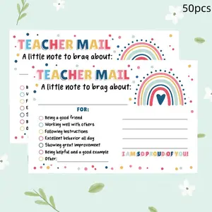 Rainbow Pattern Teacher Mail Card, 50pcs/pack Teacher Encouragement Card, Positive Behavior Encouragement Note for Students, School Classroom Reward Card, Office Stationery