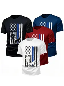 K9 Police Usa Flag 4-Pack Patriotic Tee, Loose-Fitting Long Sleeve Casual Top, Multi-Color Outdoor Wear, Memorial Gift for Veterans