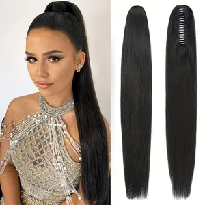Hot Sell NEW Arrived [Real Human Hair Clip] Real Human Hair Claw Clip Ponytail Extension |   Straight Black Hair with Secure Clip for Women, Versatile Drawstring Style