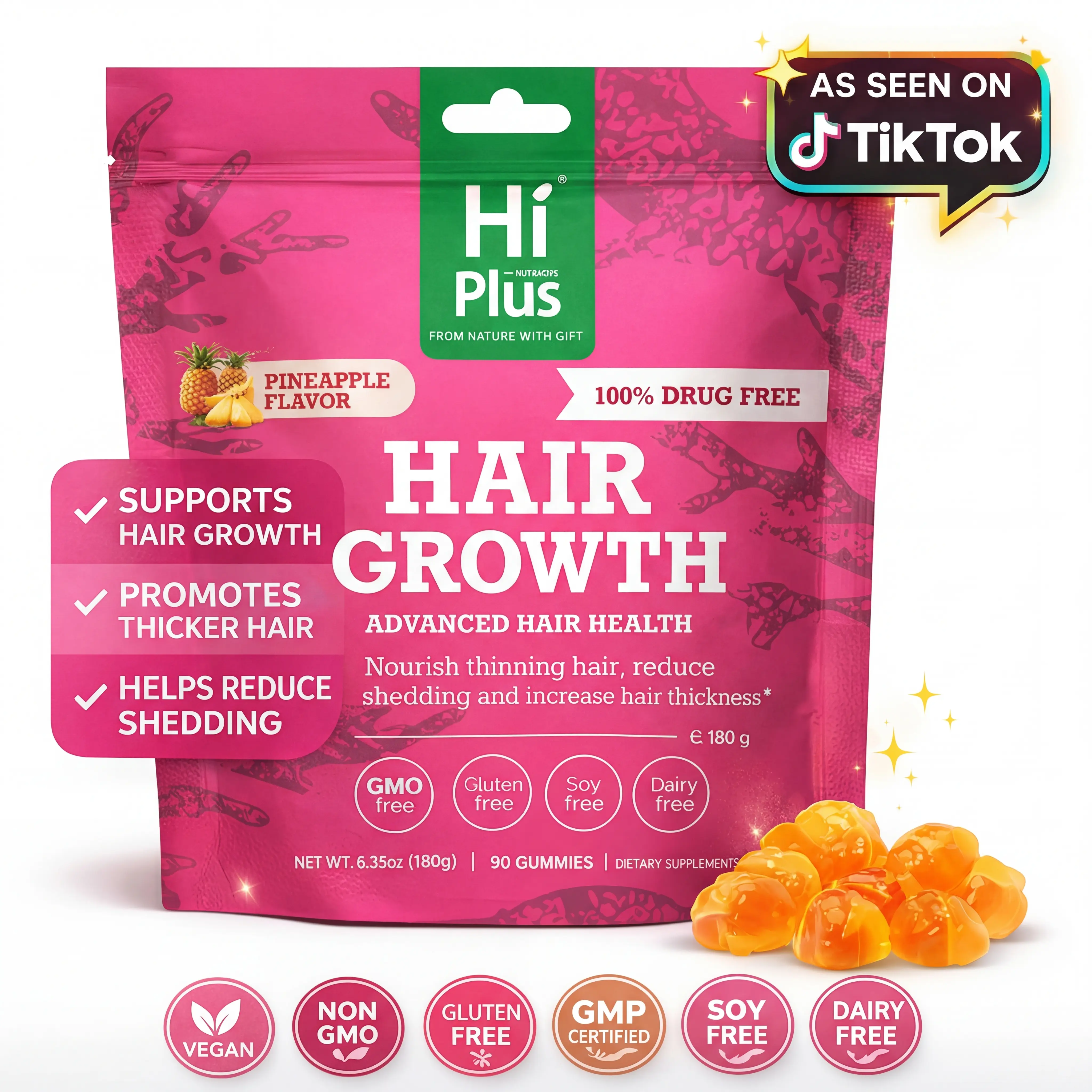 HiPlus Women’s Beauty Dietary Chewable Hair & Nail Care Supplement Gummies - Nourishes Hair, Supports Thickness, Vitamin Blend with Collagen, Biotin, Zinc, Vitamin C, Iron - 90 Pineapple Flavor Edible Natural Health Nourishment
