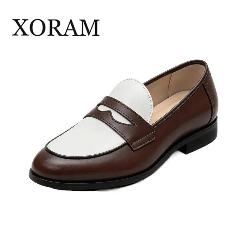 XORAM Men's 2-Tone Leather Slip-Ons - Casual Flat Round Toe Breathable Loafers, Lightweight Summer Shoes, Big Size 12, Black & Brown Options, Model 5905-J
