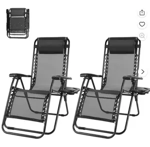 Zero Gravity Chairs, Set of 2 Portable Recliner Beach Camping Patio Outdoor Folding Lounge Chair with Cup Holder Trays and Adjustable Pillow for Poolside, Garden, Backyard, Black