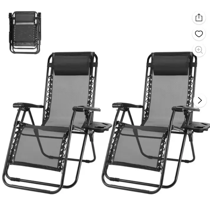Zero Gravity Chairs, Set of 2 Portable Recliner Beach Camping Patio Outdoor Folding Lounge Chair with Cup Holder Trays and Adjustable Pillow for Poolside, Garden, Backyard, Black