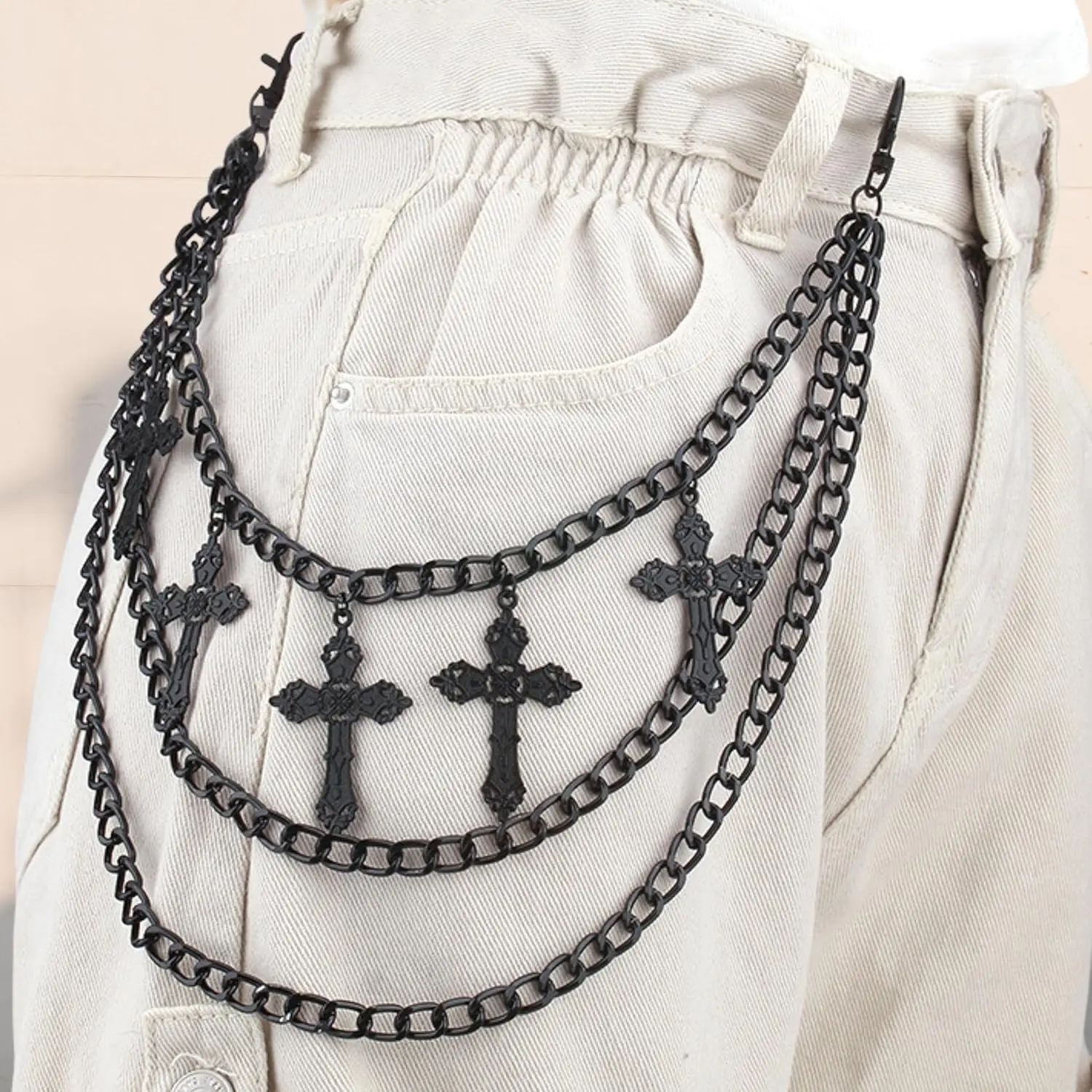 Punk Pants Chain Black Cross Wallet Chain Goth Hip Hop Rivet Charm Layered Jeans Chain Vintage Rock Clothing Accessory Metal Pants Chain for Men Women Biker Streetwear Festival Jewelry