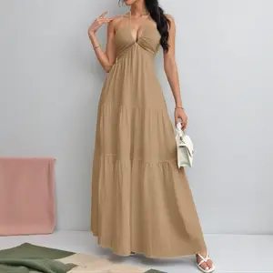 Women's Plain Dress , Dresses for Women Sleeveless Summer Clothes Women  Chiffon Halter Backless Dress with Long Train for Vacation Trendy Dress
