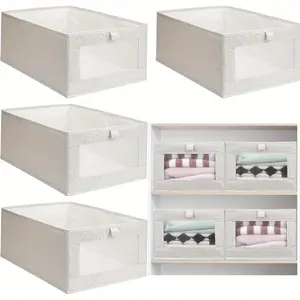 4 Pcs Linen Closet Organizers, Foldable Clothing Bins, Large Foldable Box with Window, Storage Baskets for Closet Shelf, Stackable Home Organizer