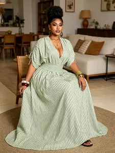 Elegant Fashion Plus Size Dress, Comfortable V-Neck Waist-Cinch Light Stripes, Slimming Long Dress for Pear Shape, Home &