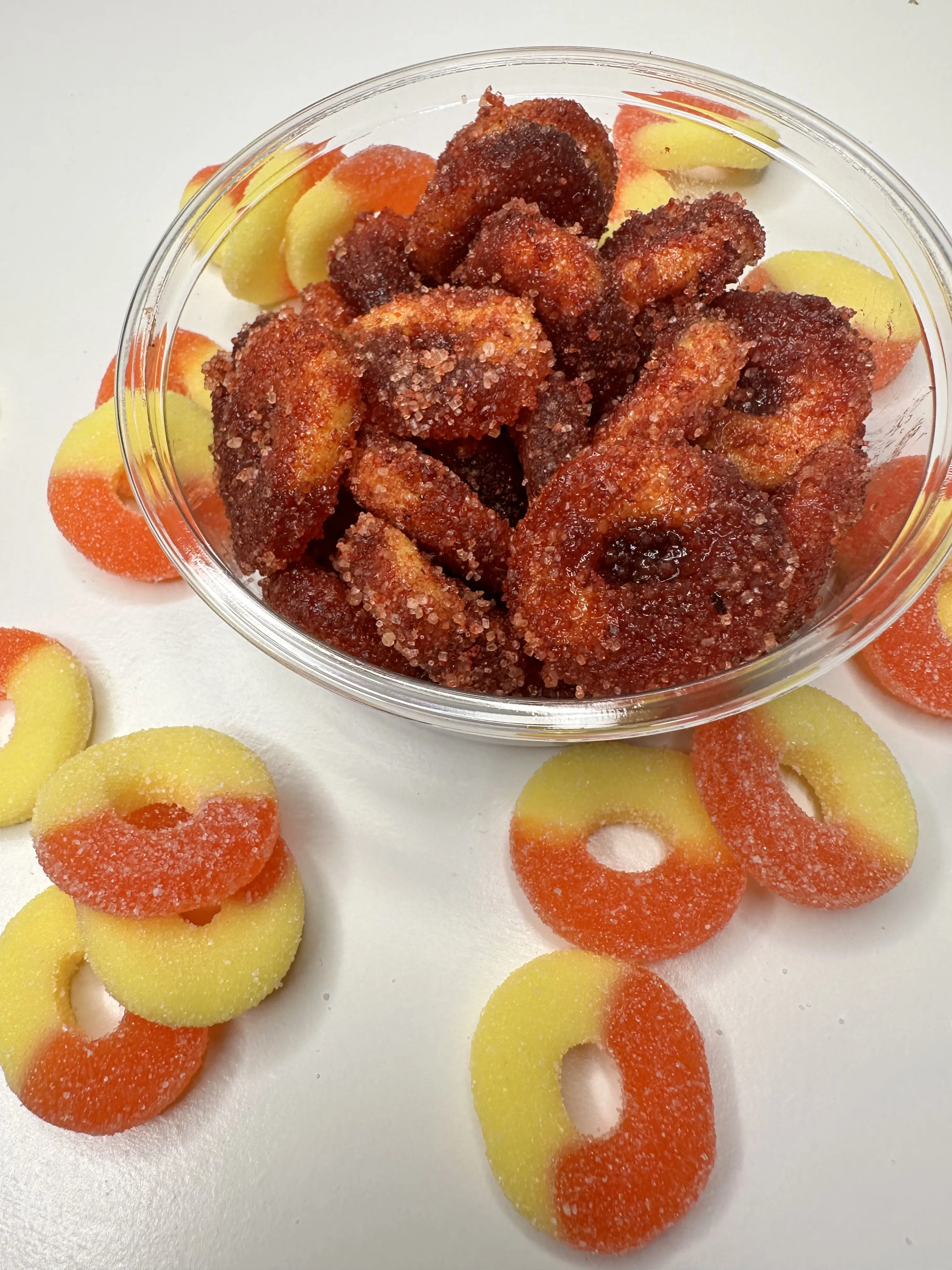 Soft Bite-Sized Spicy-Sweet Peach Rings Candy with Hibiscus/Jamaica Chamoy, Tangy Powder, Collagen, 8.5oz (226g) Plant-Based Gluten-Free Snacks (6-Month Shelf Life)