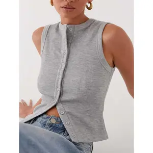Women's Plain Button Front Ribbed Tank Top, Casual Sleeveless Round Neck Top for Daily Wear, Ladies Clothes for All Seasons