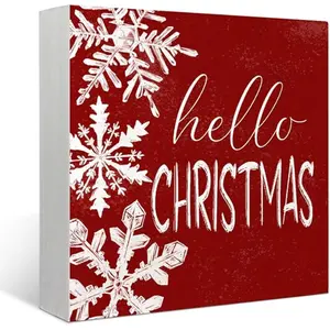 Hello Christmas Signs for Home Decor,Christmas Snowflake Decorations Indoor for Table Wood Box Sign, Wooden Sign Desk Decor for Bedroom Living Room,Christmas Gifts for Women 5x5 inch