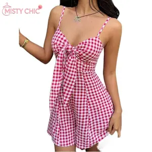 MISTY CHIC Sunnyshic Romantic Vacation Red & White Plaid Front Hollow Tie-Up Camisole Wide Leg Shorts Jumpsuit, Summer Style For Women