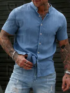 Men's Summer Short Sleeve Shirt, Lightweight Breathable Solid Color, Button-Up Casual Shirt, Perfect for Gifting