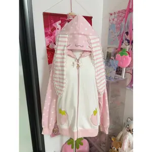 Autumn Japanese Pink Patchwork Overcoat Women's Sweet Kawaii Zipper Lace Polka Dot Hoodie 2025 New Loose Lovely Strawberry Coat