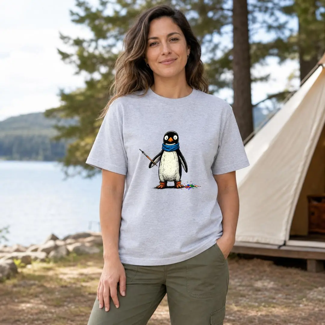 XTAUTO Men's Short-Sleeve Cotton T-Shirt - Unisex Classic Cut Fit Top, Cute Penguin With Scarf And Paintbrush Design, Outdoor Camping Lake Scene, Gift For Art Lovers