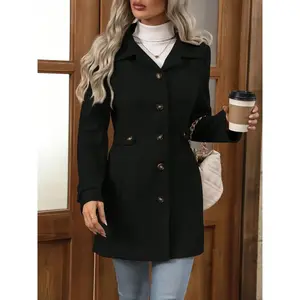Women’s Autumn–Winter Elegant Coat Jackets, Single-Button Design, Slim Fit, Reversible Collar, Fashion Solid Color, Medium-Length Wool Overcoat