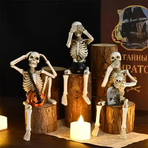 Set of 3 Skeleton Statues, Horror Skull Halloween Decor, See/Hear/Speak no Evil Collectible Figures Home Decoration Figurine
