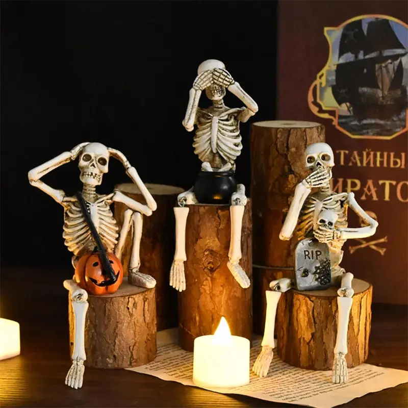 Set of 3 Skeleton Statues, Resin Statue, Horror Skull Halloween Decor, See/Hear/Speak no Evil Collectible Figures Home Decoration Figurine