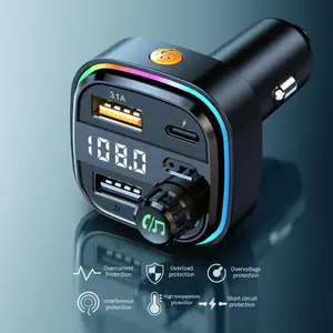 Multifunctional car FM transmitter with ambient light, BASS hands-free car MP3 player, wireless Bluetooth car charger with Type C and dual USB ports