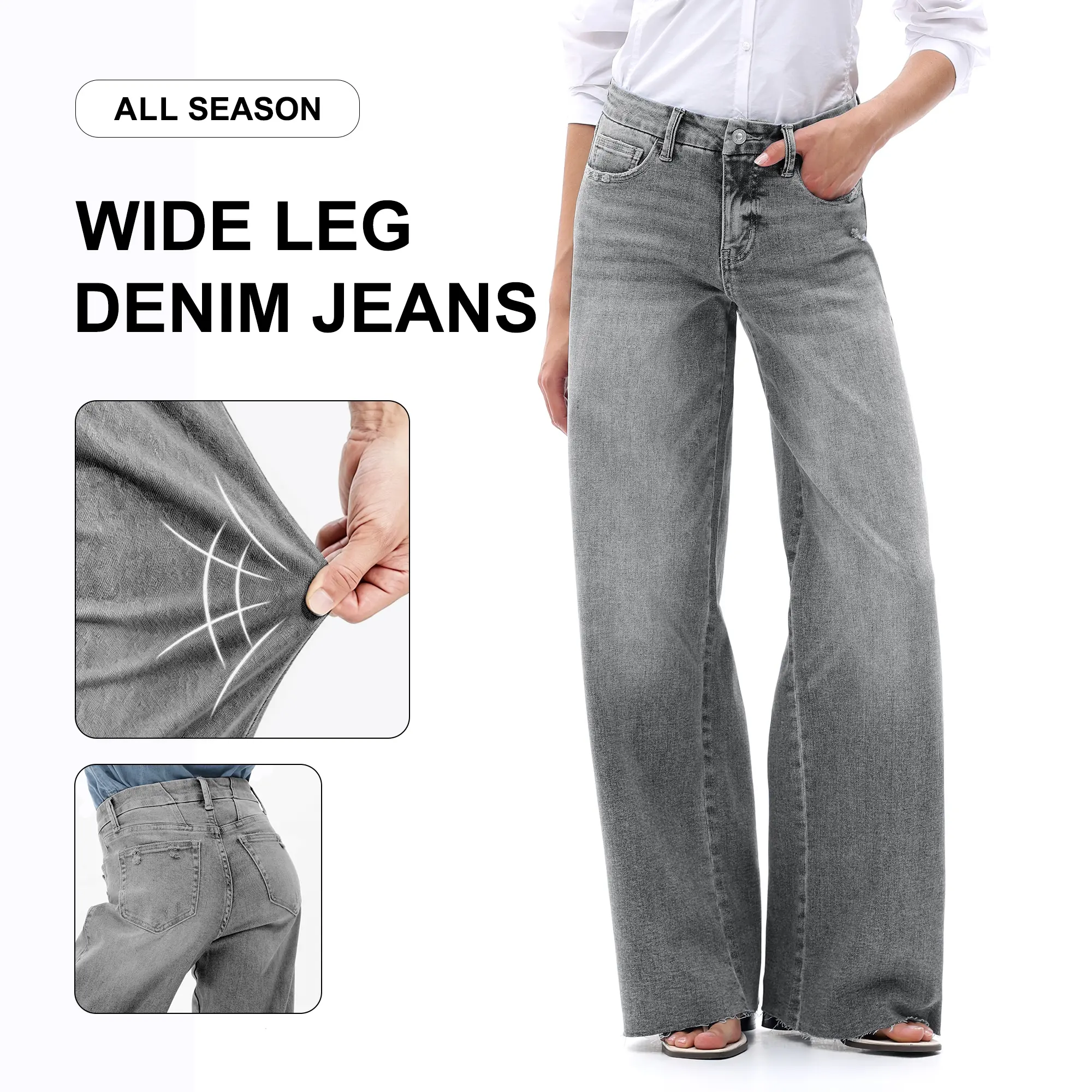 Freya ONESO Women's Light Gray Wide Leg Denim Retro Street Style Mid-Rise Jeans Tummy Control Spring Hem Pants Comfortable Denim Pants Commuter Style Baggy Stretchy Breathable Drapey Holiday Gifts  #SummerVibes