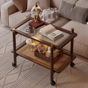 1pc Mobile Storage Cart with Wheels, Vintage Style Multifunctional Double Tiers Side Table, Bedside Snack Cart, Living Room Corner Cabinet, Modern Decorative End Table