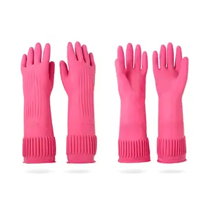 2 Pairs Reusable Waterproof Household Dishwashing Cleaning Rubber Gloves, Non-Slip Kitchen Glove (Pink, Medium (Pack of 2))