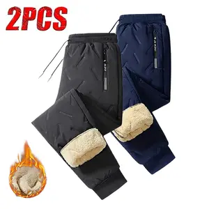 2 Pieces Men's Winter Thick Fleece Lined Warm Casual Fashion Simple Solid Color Cotton Pants, Windproof Warm Jogger Long Pants with Fleece Lining, Zippered Pockets & Drawstring Waist Design Suitable for Outdoor, Snow, Riding, Casual Wear Winter Apparel