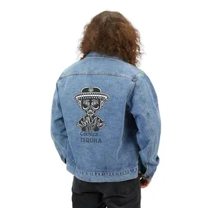 Day of the Dead Cochica Aztec Art with Sombrero Denim Jacket | Dia de los Muertos Tequila