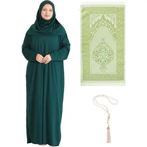 Prien Women Prayer Dress with Hijab Rug Tasbih Muslim Set Islamic Clothes Abaya Jilbab Dubai Kaftan for Eid Ramadan Prien