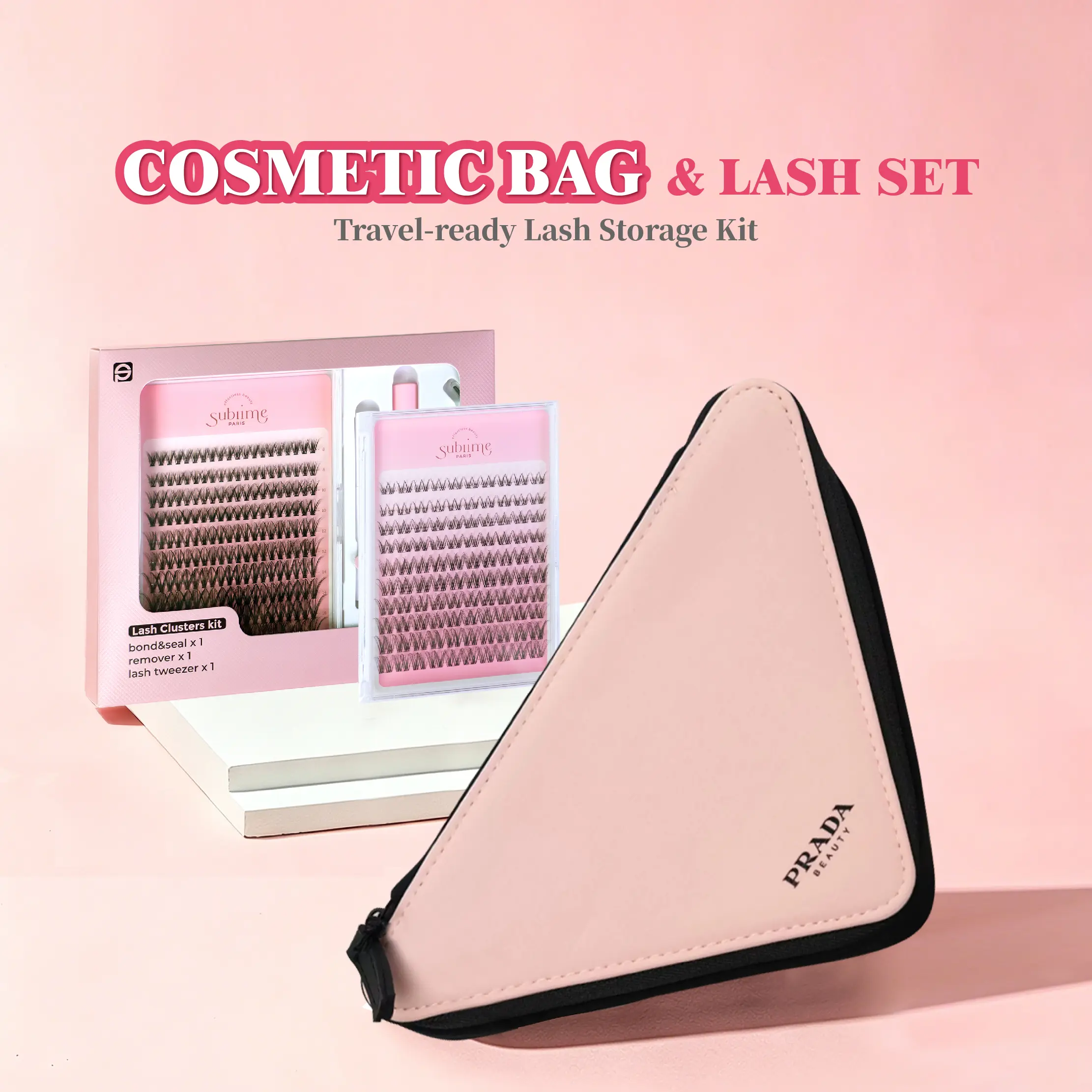 Prada Triangle Pink Toiletry Bag and Makeup Bag Comes with a free gift&Sublime Paris Bold Kit+Natural Clusters Mix
