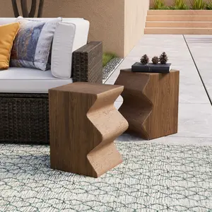 Concrete Side Table Set of 2, Outdoor Side Table Combine for Patio, Outdoor Accent Table in Woodgrain for Garden, Porch, Rectangular, Light Brown