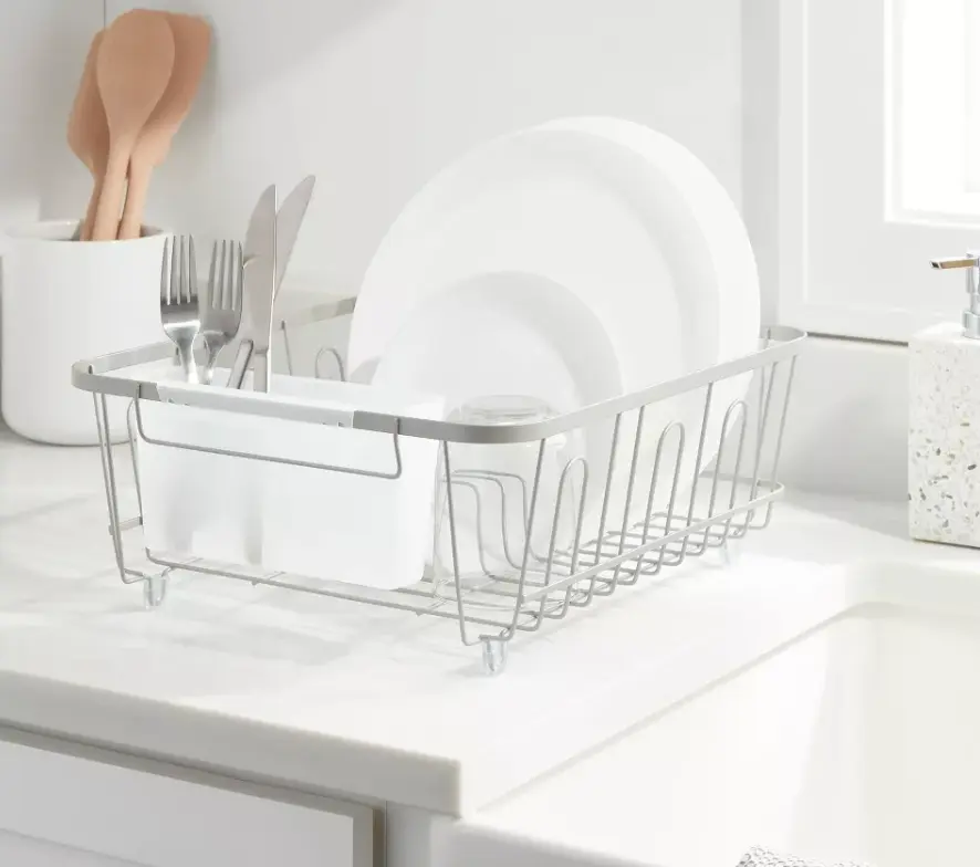 Small Brushed Nickel Steel Dish Drainer, Compact Countertop Dish Drying Rack with Utensil Holder, Rust Resistant Mini Plate Organizer for Small Kitchen Counter Sink