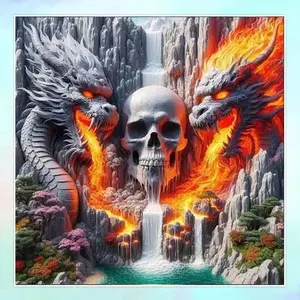 5D DIY Full Drill Round Diamond Painting - Diamond Art Painting Kit Double Dragon Skull Mosaic, Canvas - DIY Decorative Painting, Home Wall Decor, Suitable for Halloween, Christmas, Birthday, and Anniversary Gifts