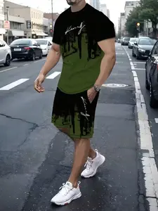 Men's New Round Neck Casual T-Shirt Set, Short Sleeve Shorts, Bold King Pattern Design, Drawstring Waist, Soft Breathable Outdoor Wear, Casual Everyday Set, Tee Shorts Set, Menswear