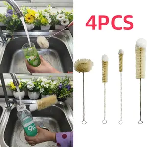 4PCS Bottle Brushes Thin Long Handle, Skinny Wire Cleaner Set in Stainless Steel with Boar Bristle At Wool Tip, Bendable Flexible for Cleaning Narrow Neck Bottles
