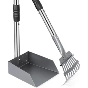 Dog Pooper Scooper, Dog Poop Tray and Rake Set, Pet Waste Removal Scoop with Long Adjustable Sectional Stainless Handles